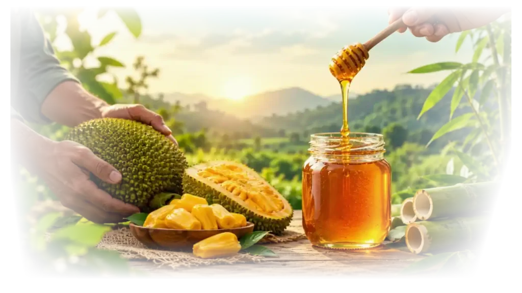 Jackfruit and honey represent Gramajanya FPC's processing, production, and support